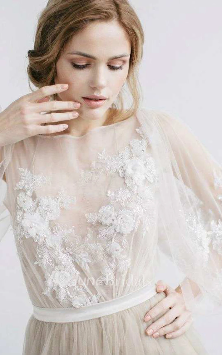 Flowy Illusion Tulle Pleated Dress With Floral Appliques And Deep-V Back