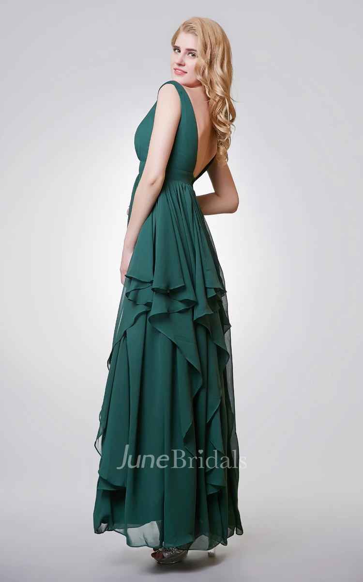 V-neck A-line Long Chiffon Dress With Tiers