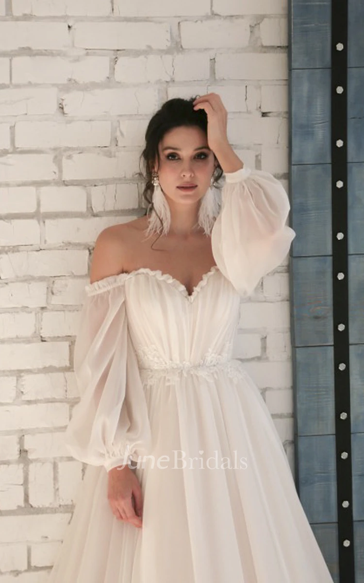 3/4 Off-shoulder Sleeves Sweetheart Elegant Chiffon Wedding Dress with Appliques