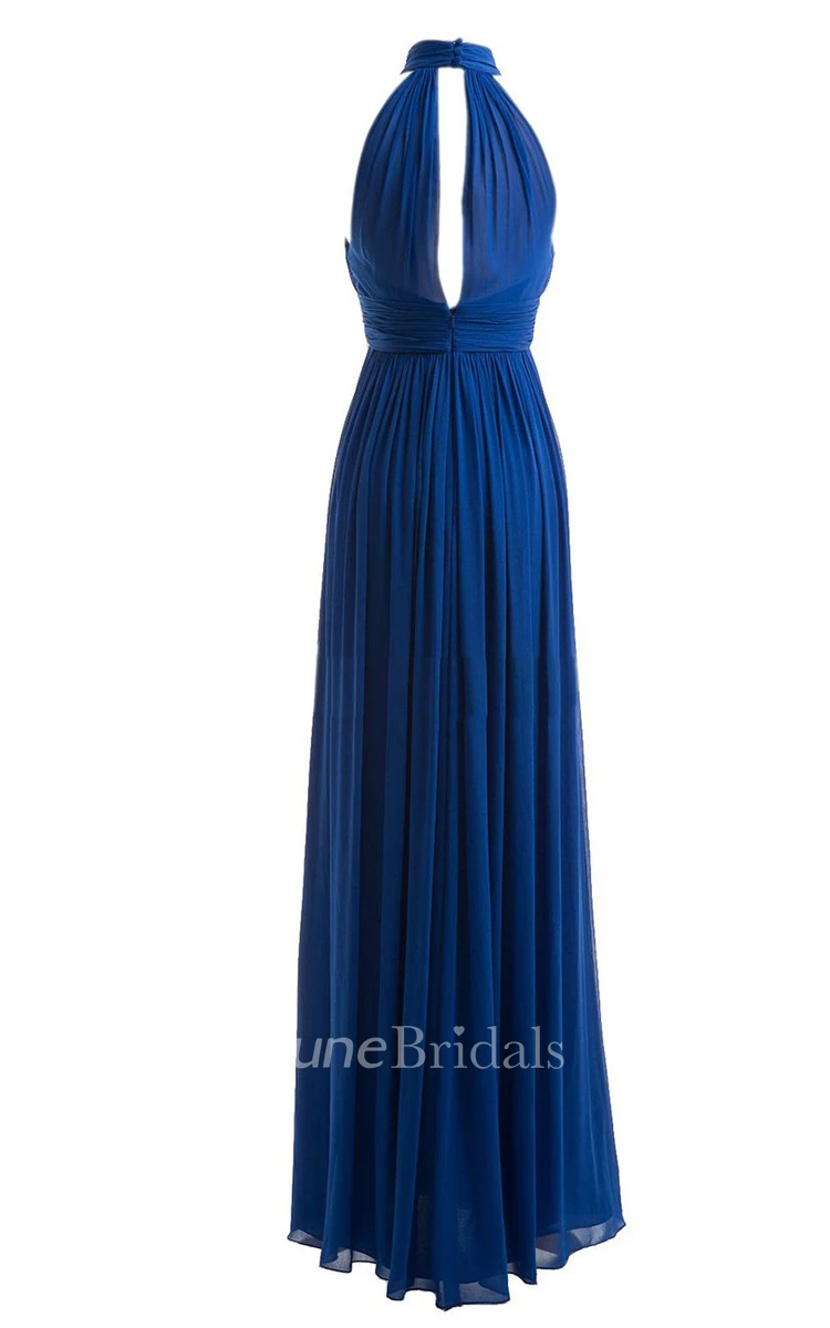 High Neck Notched Pleated Chiffon A-line Gown