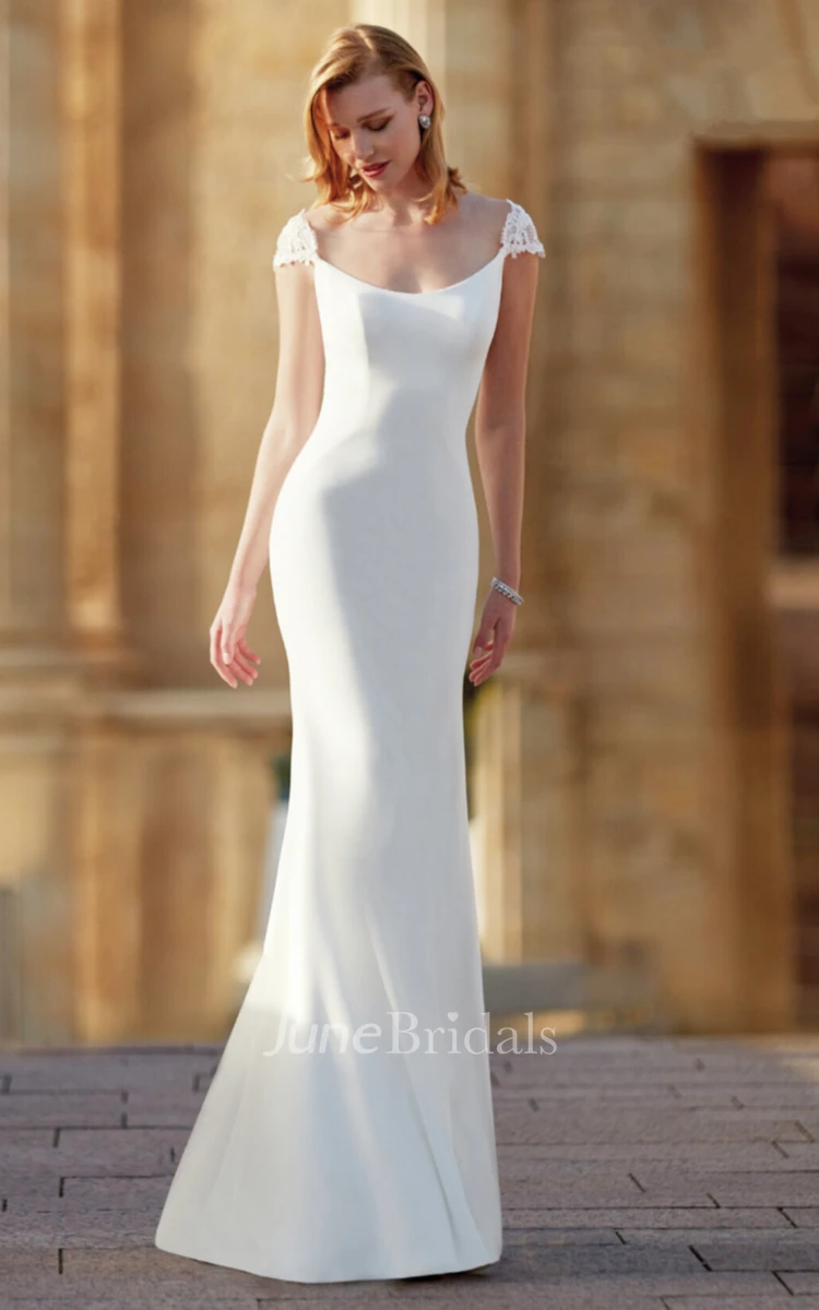 Casual Sheath Bateau Satin Wedding Dress With Open Back And Cap Sleeves June Bridals