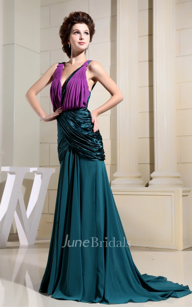 Mute-Color V-Neck Sleeveless Dress With Cross Ruching
