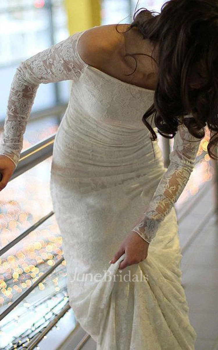 Off-The-Shoulder Long Sleeve Lace Dress With Appliques