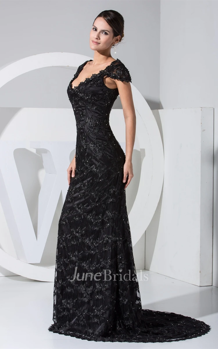 Queen-Anne Plunged Sheath Dress with Appliques and Brush Train