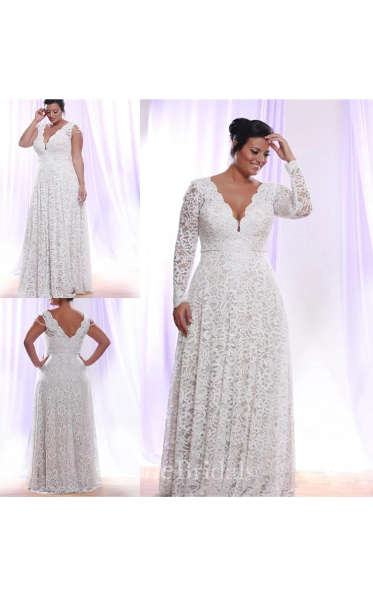 Removable Long Sleeves V Neck Floor Length A Line Lace Plus Size Wedding Dress