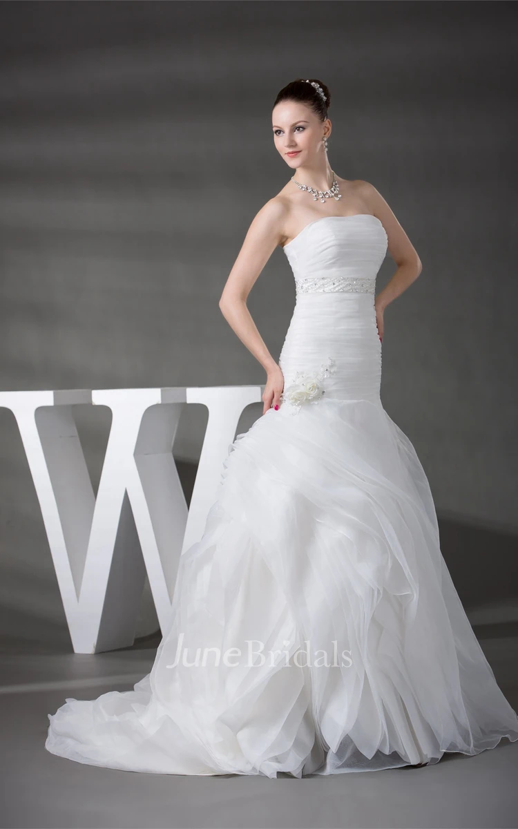 Strapless Ruched A-Line Gown with Flower and Gemmed Waist