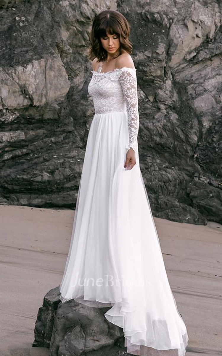 Boho Simple Lace Tulle Off-the-shoulder A Line Long Sleeve Wedding Dress