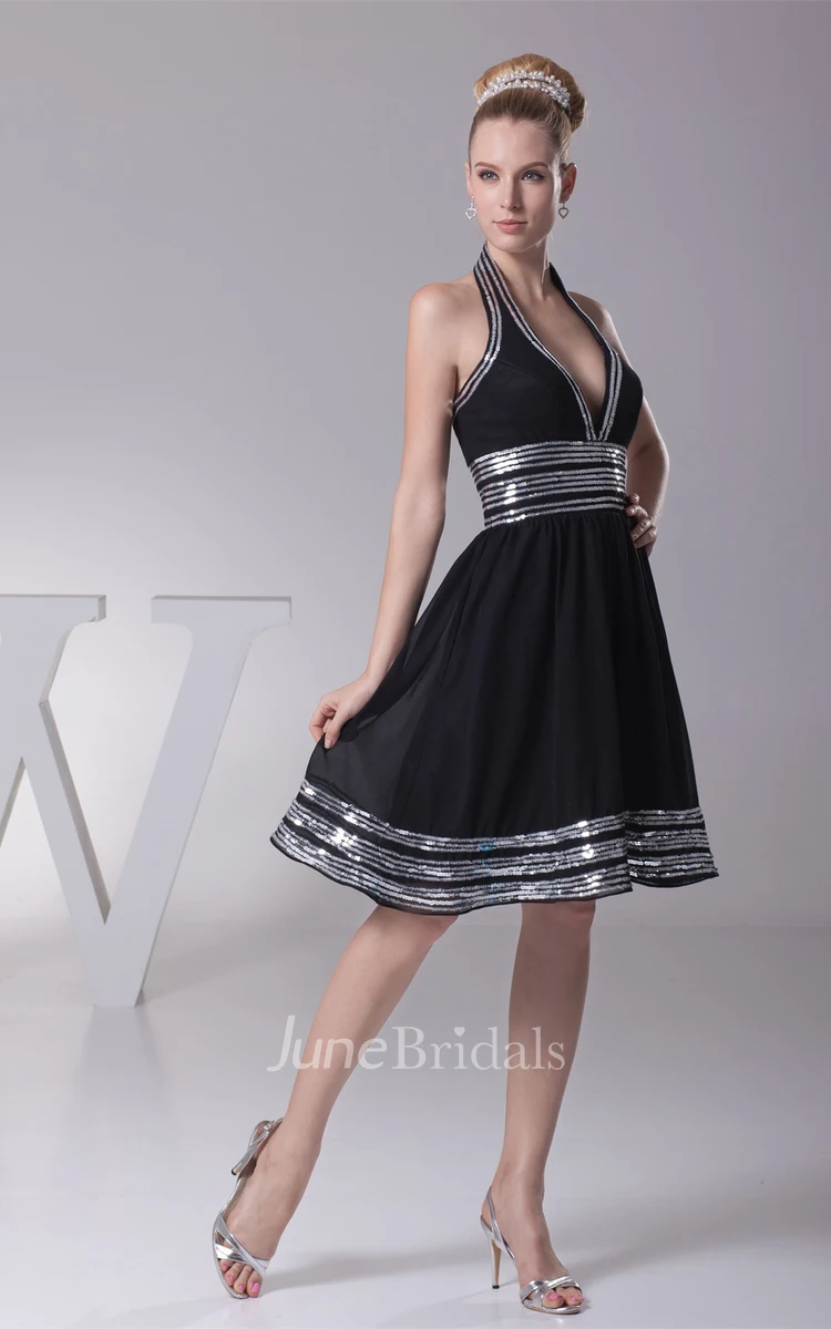 Deep-V-Neck Sleeveless Midi A-Line Dress with Strapped and Pleats