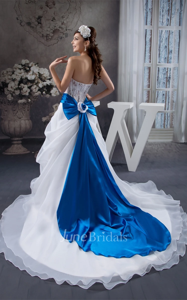 Strapless Lace A-Line Gown with Bow and Central Draping