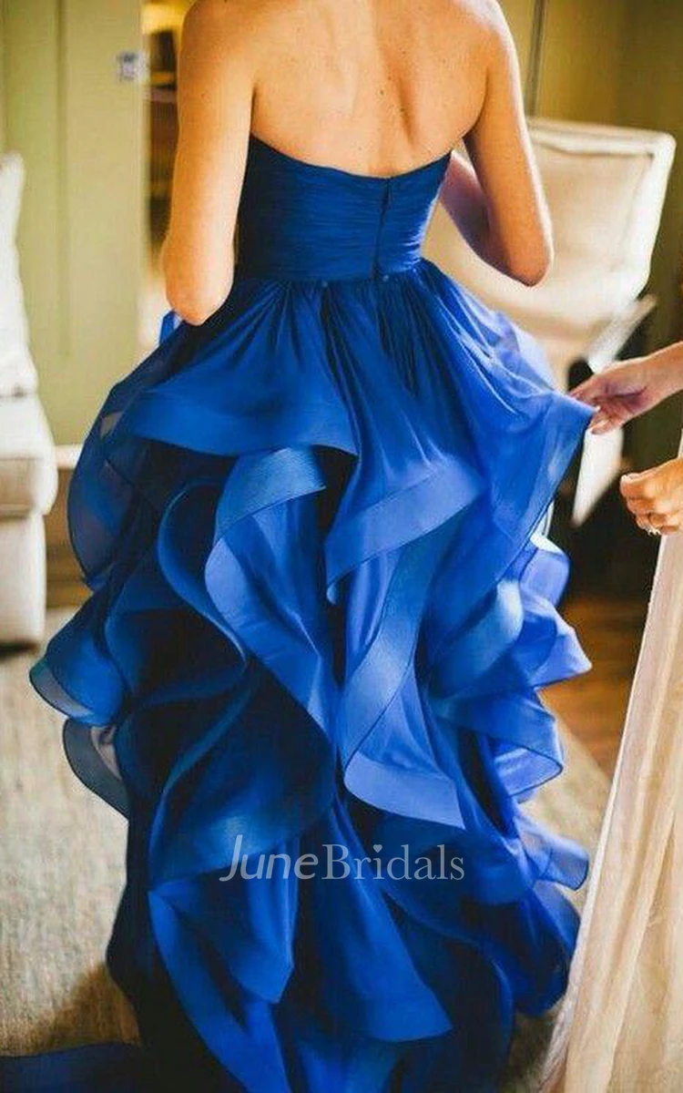 Sexy Strapless Sleeveless Royal Blue Prom Dress Spaghetti Strap With Ruffles