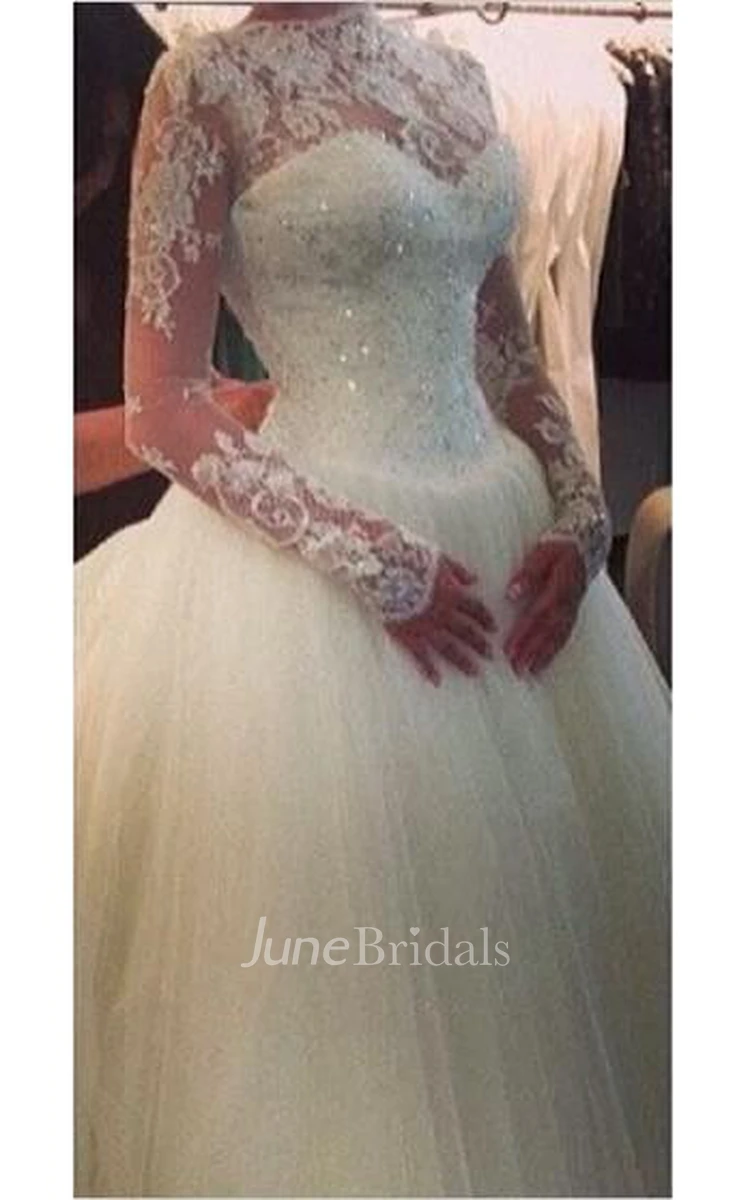 Glamorous High Neck Long Sleeve Tulle Wedding Dress With Beadings Lace Appliques