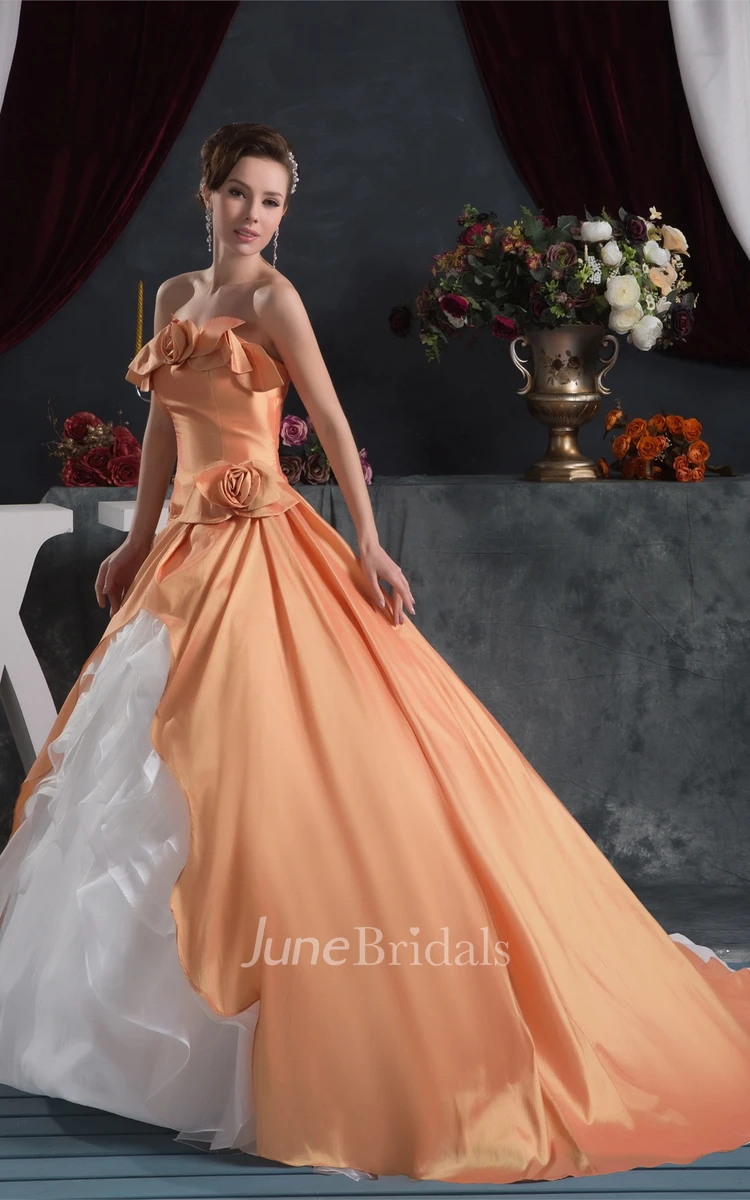 Strapless Ruffled Ball Gown with Flower and Pleats