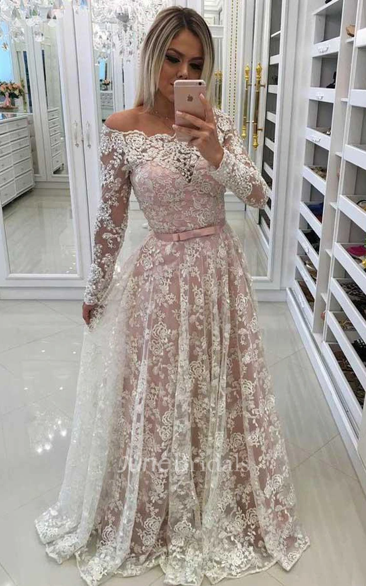 A-line Off-the-shoulder Prom Dress with Lace Appliques Sleeves