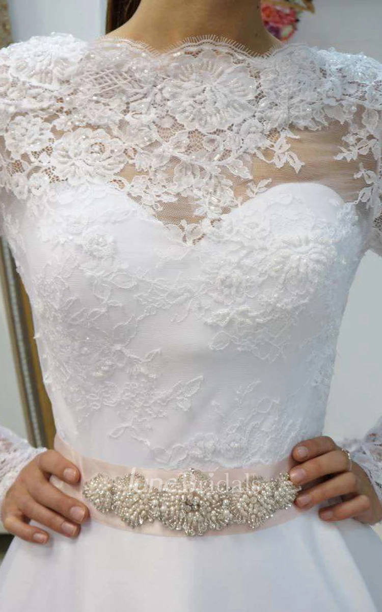Bateau Illusion Long Sleeve Satin A-Line Wedding Dress With Bow And Sweep Train