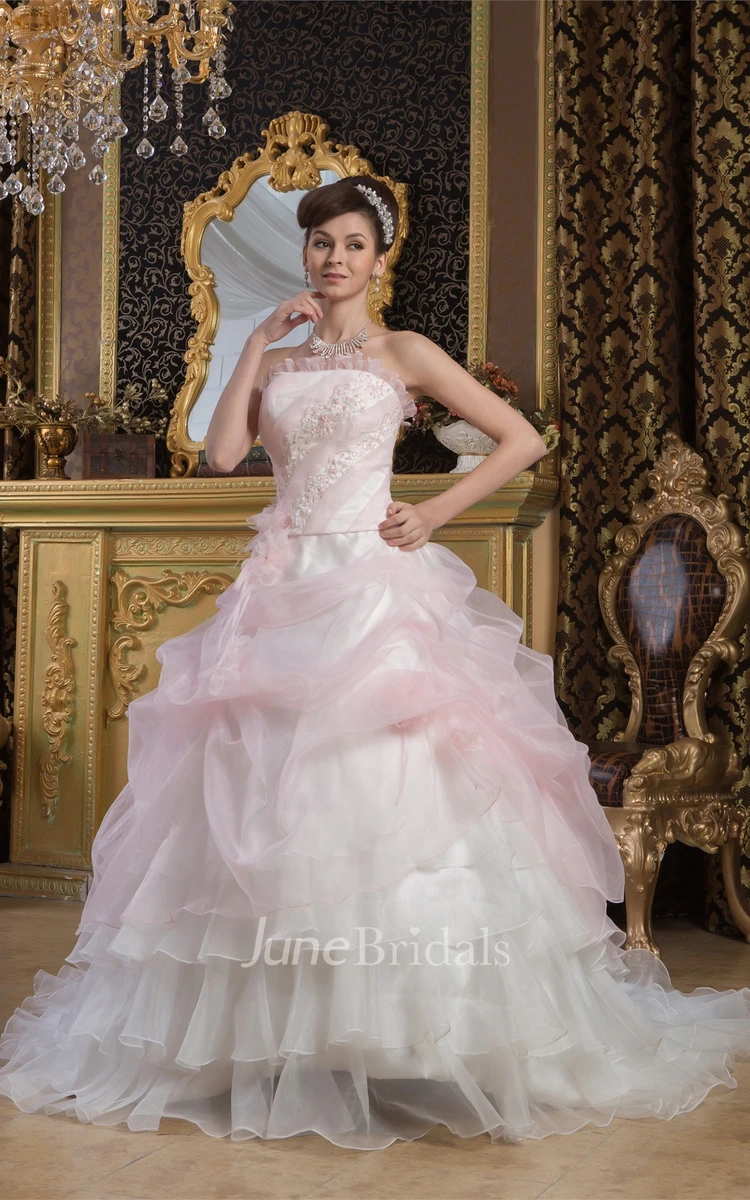 Strapless Ruffled A-Line Ball Gown with Beading and Tiers