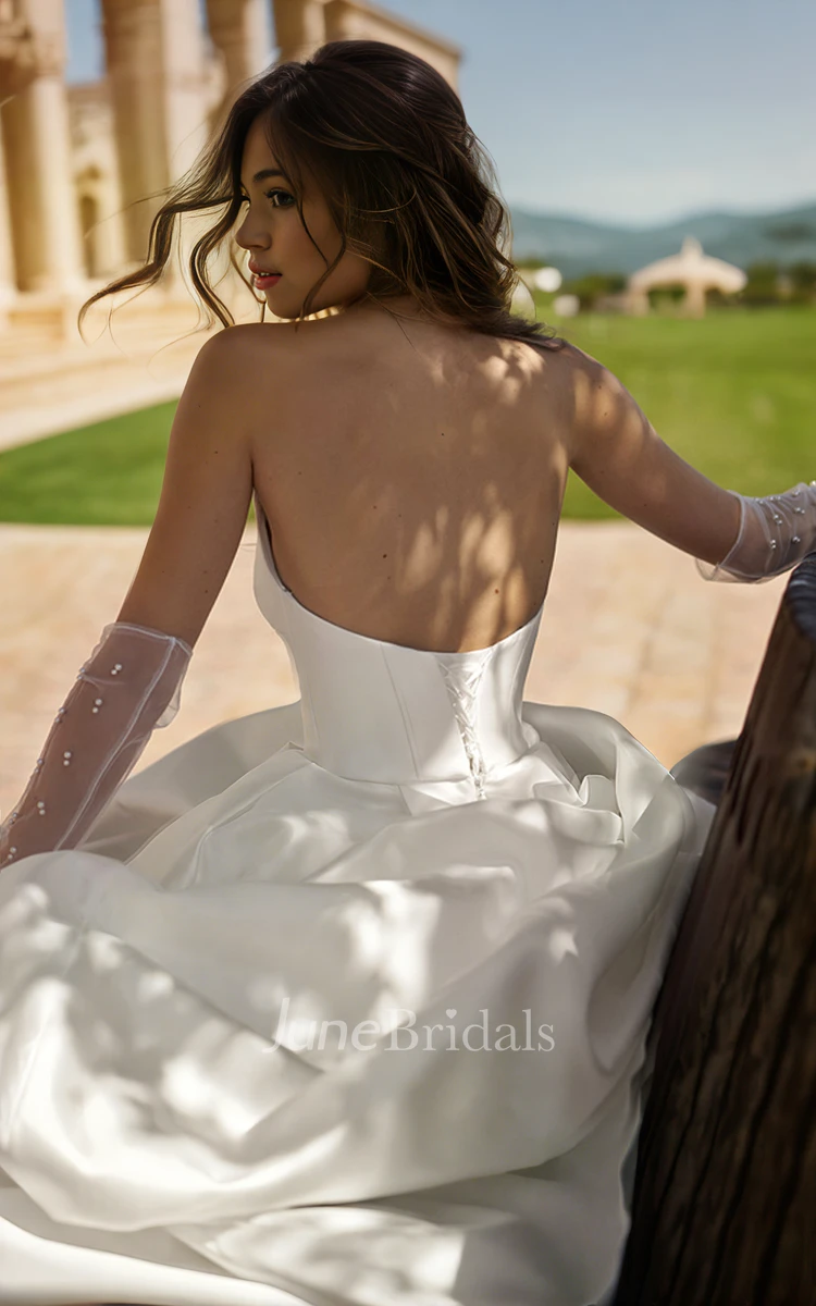 Elegant Sexy Satin Strapless A-Line V-neck Wedding Dress Simple Solid Sleeveless Split Front Floor-length Lace-up Back Bridal Gown with Train