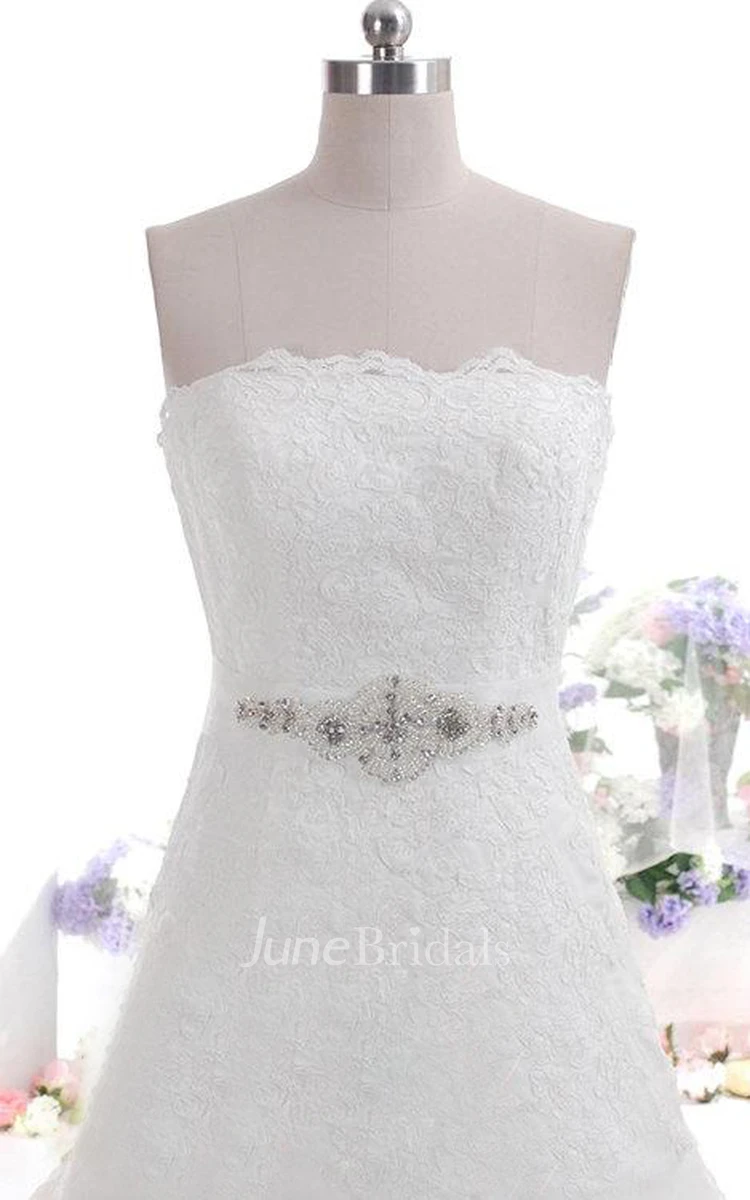 Beautiful Strapless Straight Neckline Trumpet Style Lace Wedding Dress With Beaded Sash