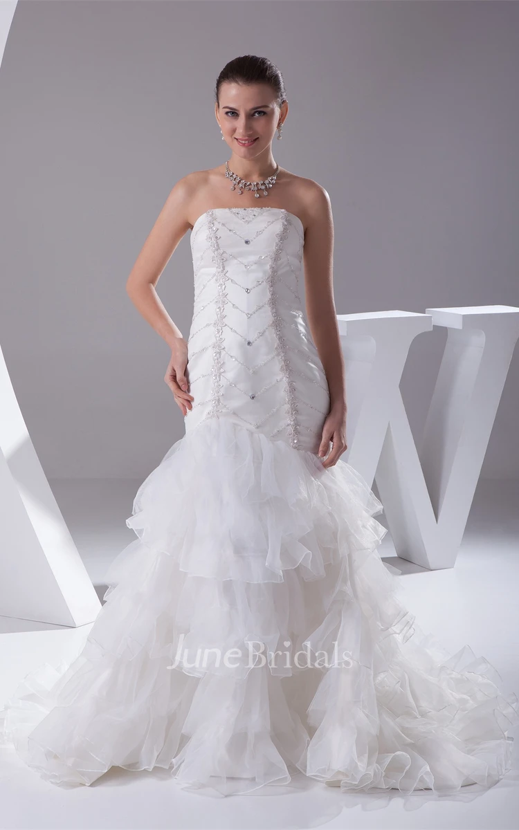 Strapless Column Tiered Gown with Ruffles and Crystal Detailing