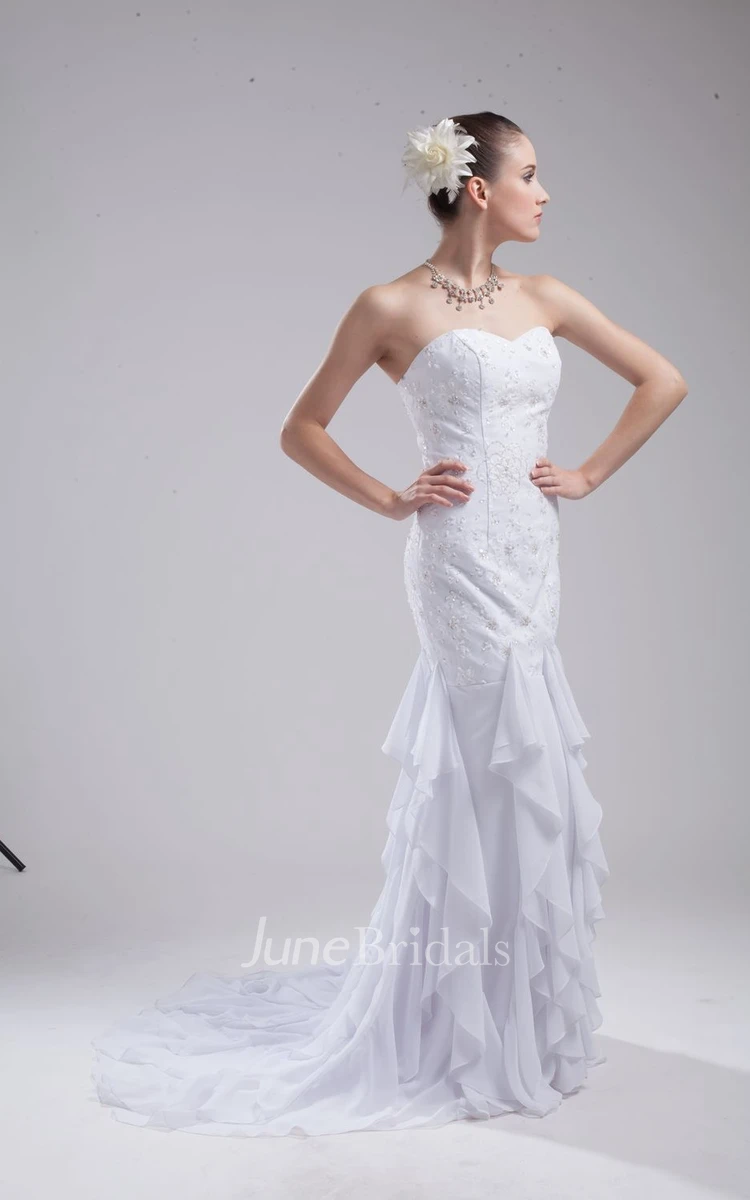 Strapless Sheath Dress With Beaded Bodice and Cascading Ruffles