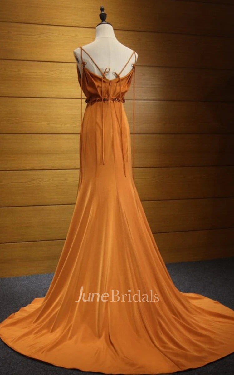 Modern Jersey Sleeveless Court Train A Line Straps Prom Dress with Ribbon