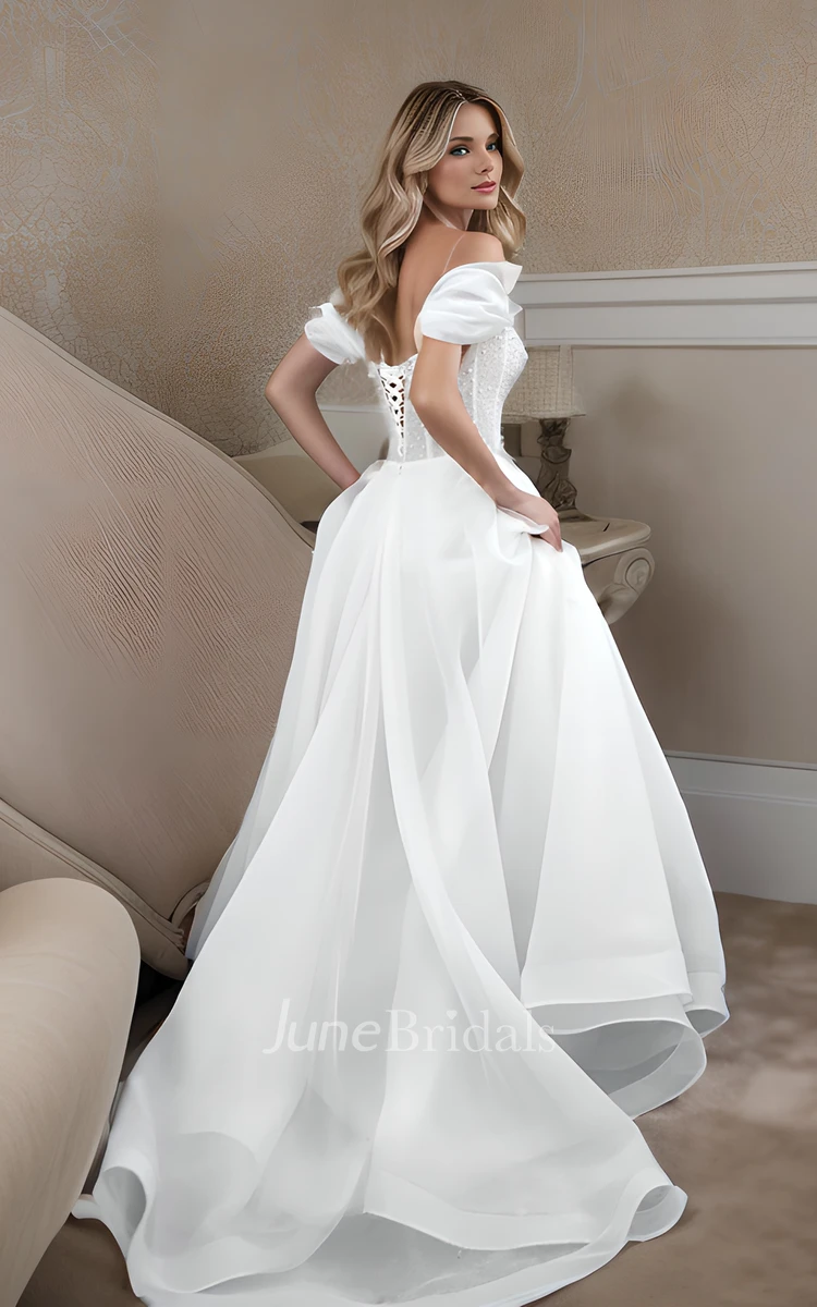 Elegant Modest A-Line Off-the-Shoulder Pearl Wedding Dress Whimsical Princess Beach Garden Corset Back Bridal Gown with Train