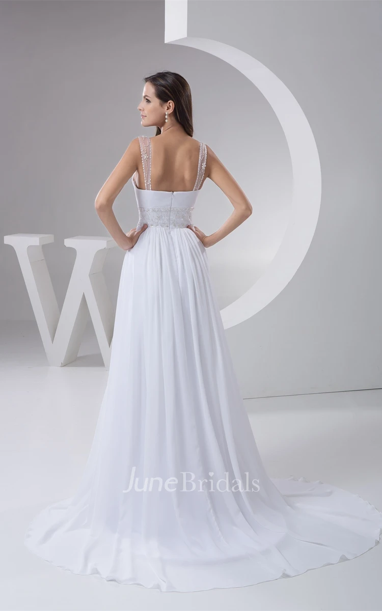 Chiffon Strapped Long Dress with Pleats and Jeweled Waist