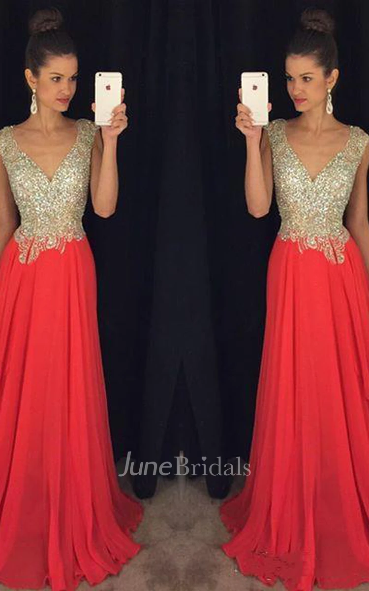 Gorgeous Crystal Open Back Evening Dress Cap Sleeve Long Chiffon Prom Gown