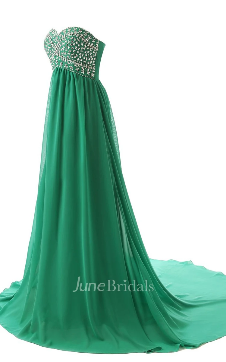 Sweetheart Pleated Chiffon A-line Gown With Rhinestones