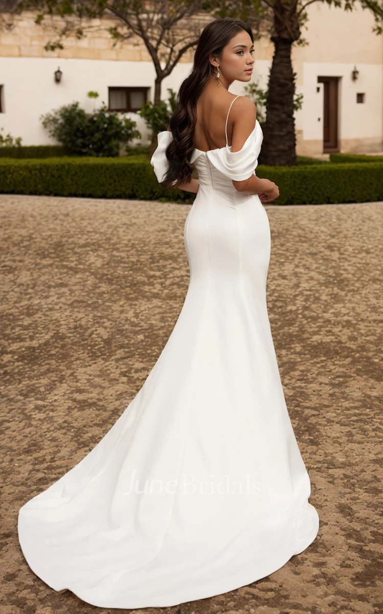 Solid Mermaid Off-the-shoulder V-neck Satin Wedding Dress Elegant Sleeveless Backless Bridal Gown with Train