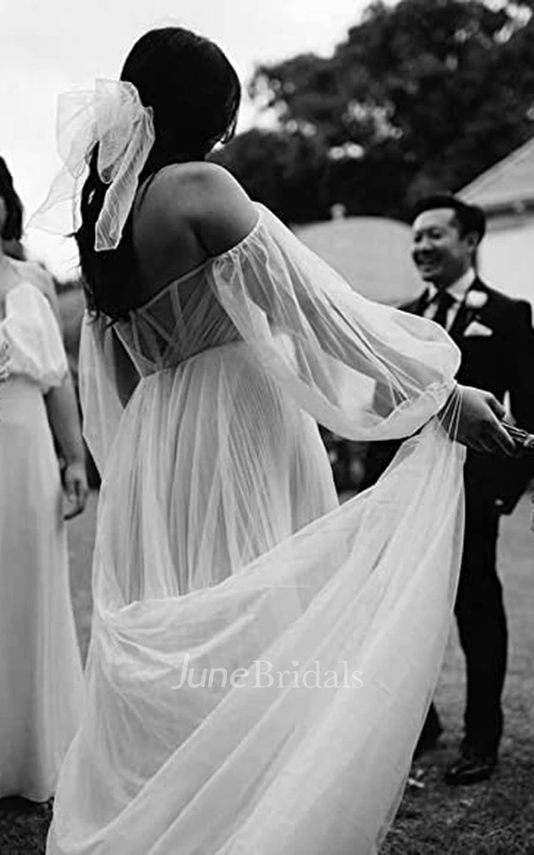 Tulle A-Line Off-the-shoulder Wedding Dress Casual Adorable Beach With Open Back And Illusion Long Sleeves And Split Front