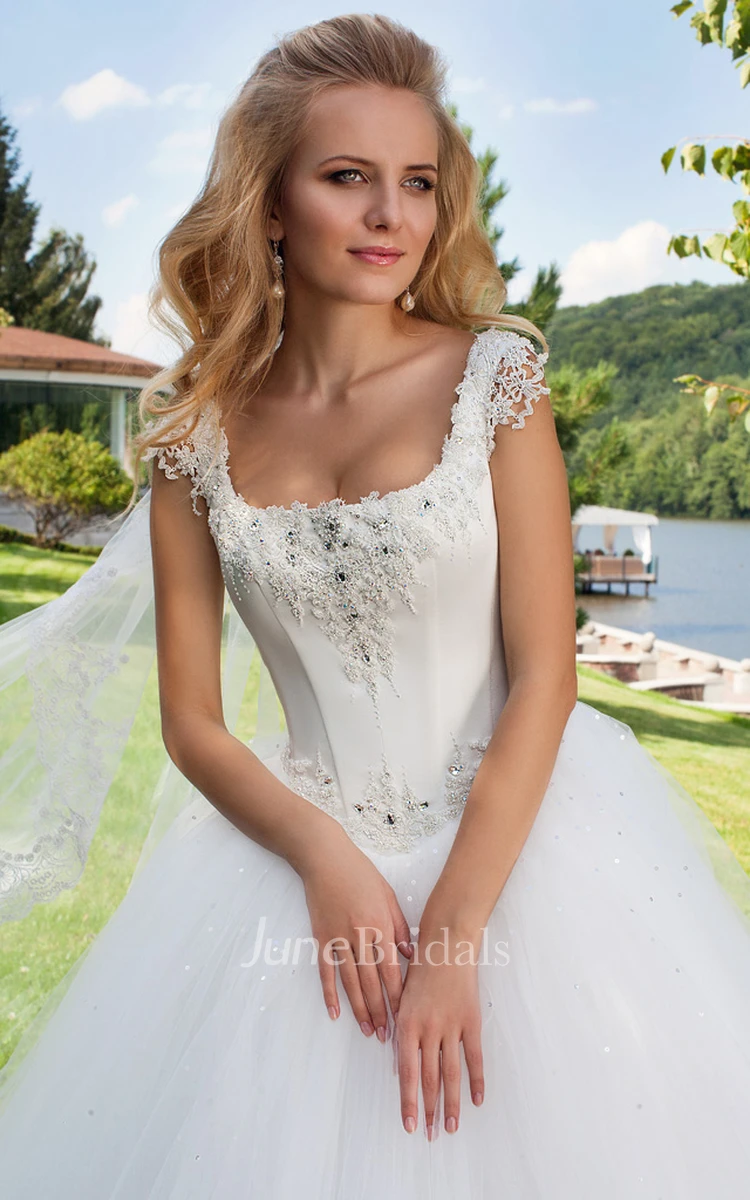 Long Square Beaded Cap Sleeve Tulle Wedding Dress With Sweep Train And Corset Back