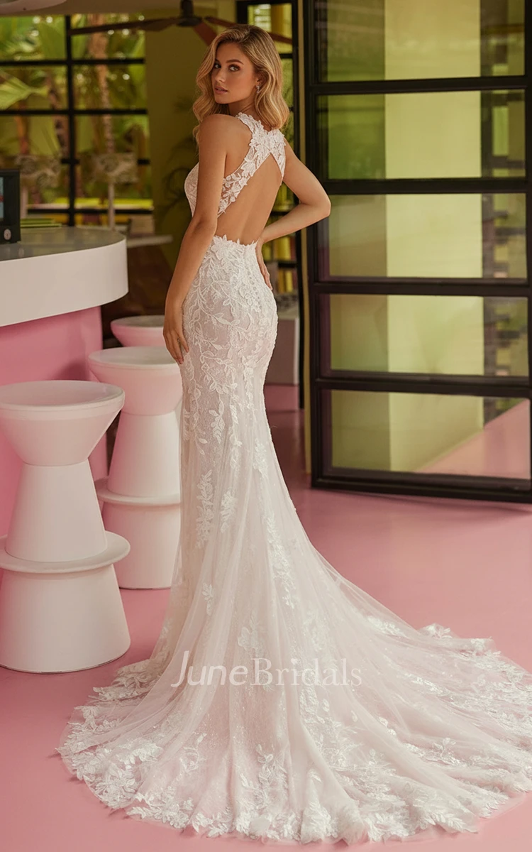 Mermaid Sleeveless Lace Wedding Dress High Neck Backless Bridal Gown with Open Back