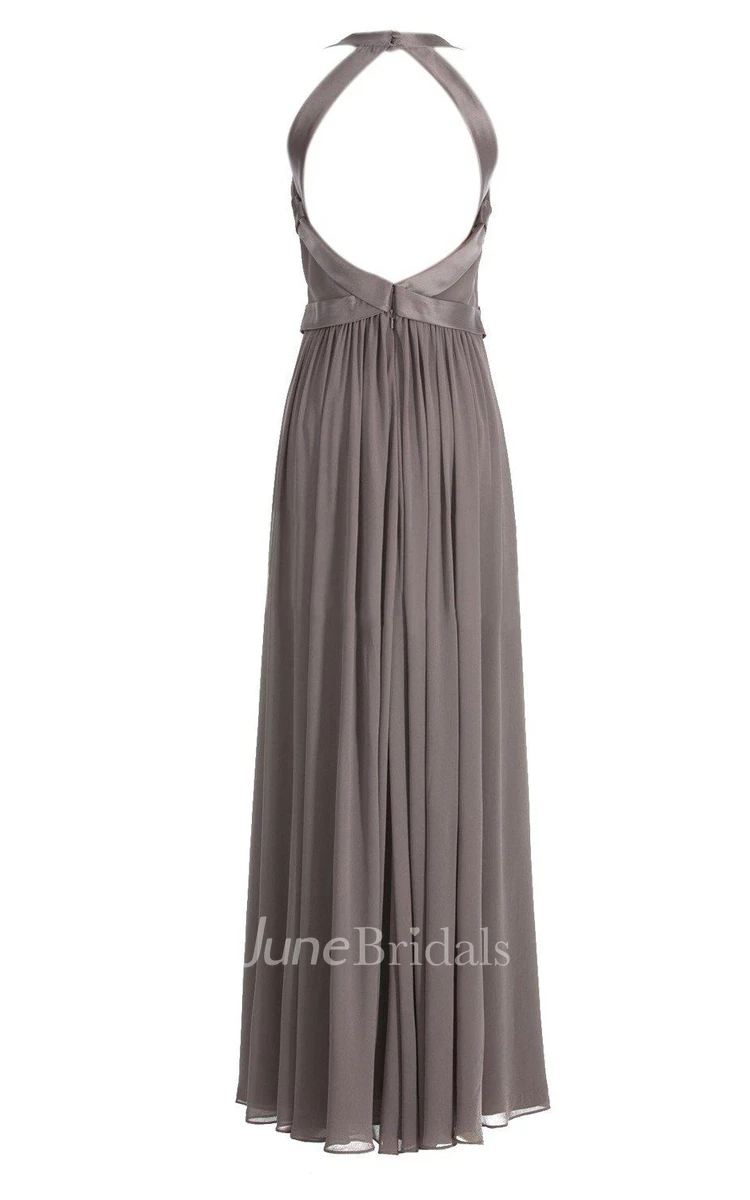 Halter Long Chiffon Gown With Criss-cross Style