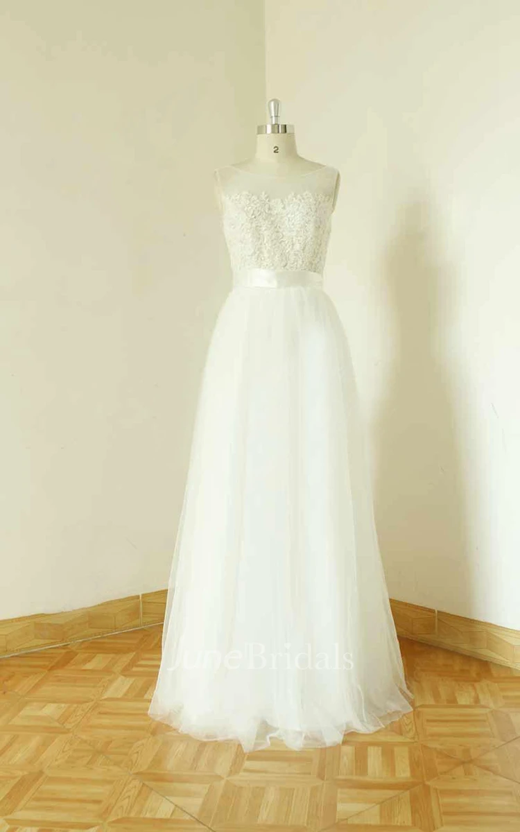 Bateau Sleeveless Low-V Back Tulle Wedding Dress With Sash And Appliques