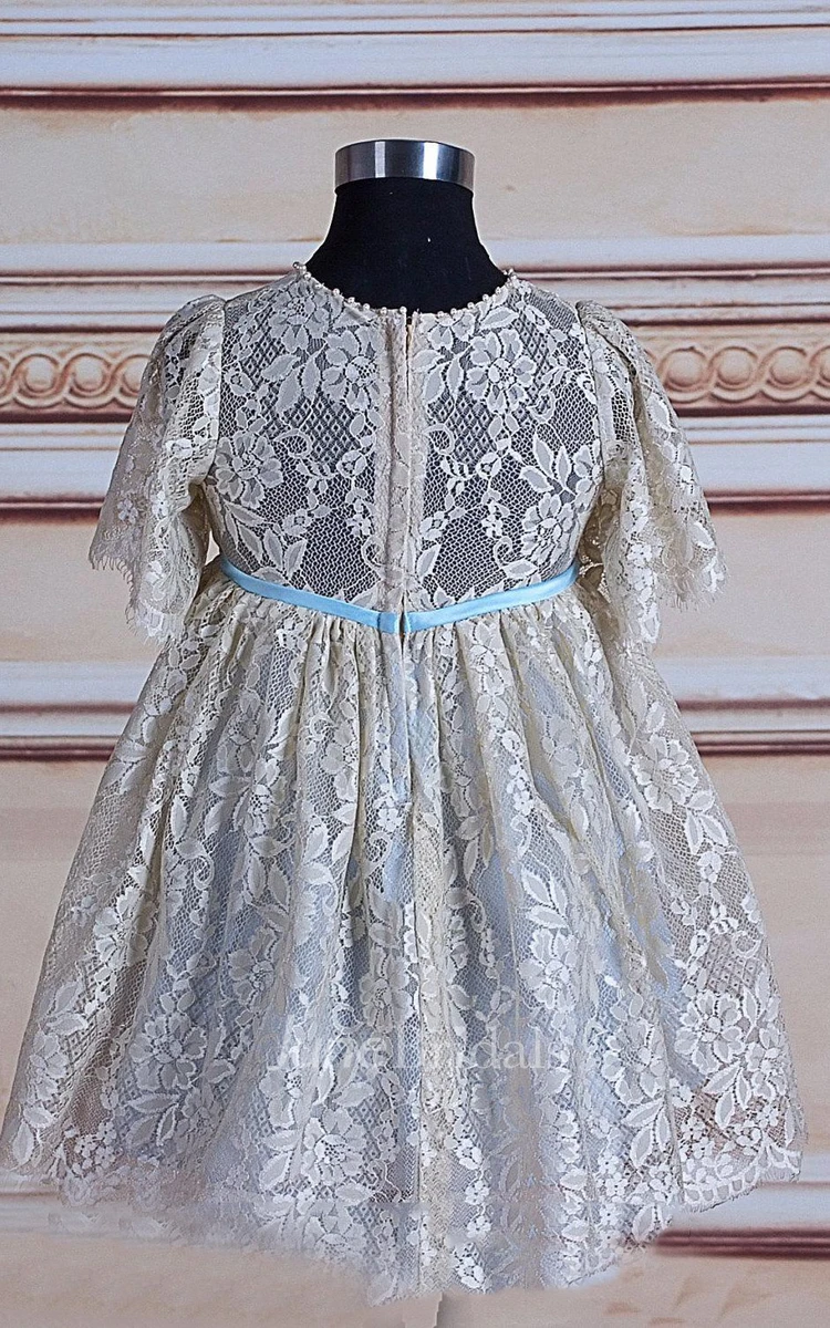 Illusion Short Lace Dress With Flower&Sash Ribbon