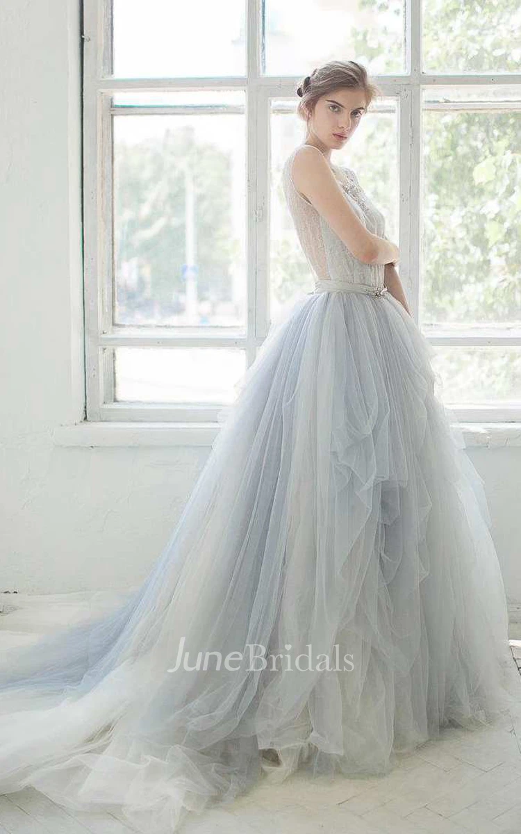 Bell Sleeve Tulle Satin Lace Wedding Dress and Beautiful Flowers Leaves Vine Rhinestones Crystal Soft Band