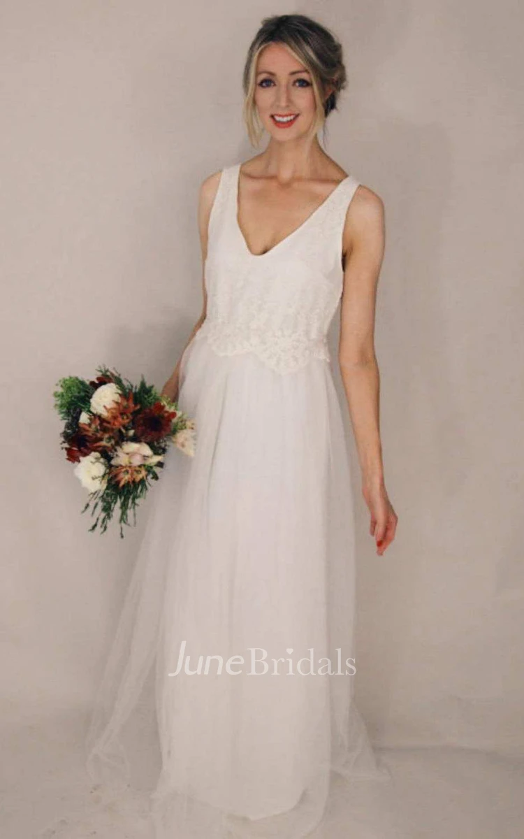 Casual Floor-Length Plunged Sleeveless Tulle Dress
