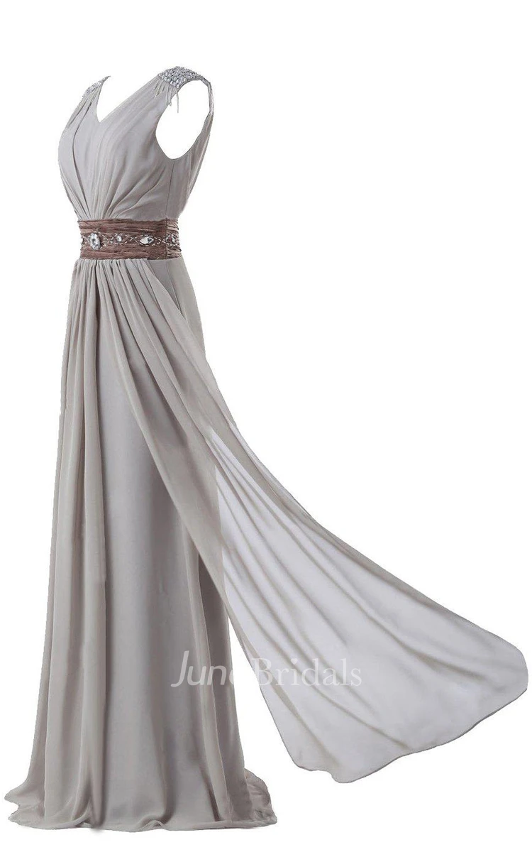 Sleeveless V-neck Long Chiffon Gown With Rhinestone