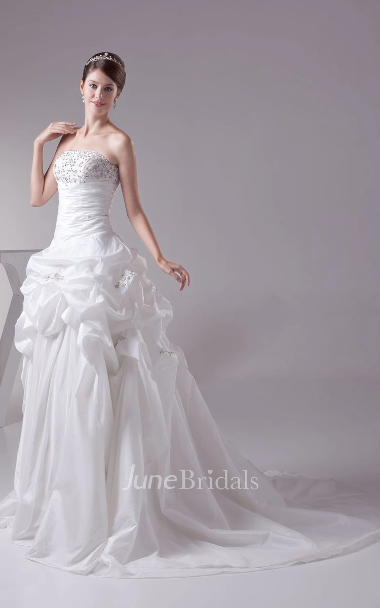 Strapless Pick-Up A-Line Gown With Pleats and Rhinestone