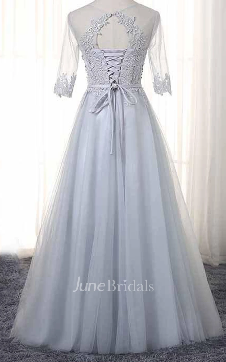 A-Line Half Sleeve Tulle Floor-Length Dress With Corset Back