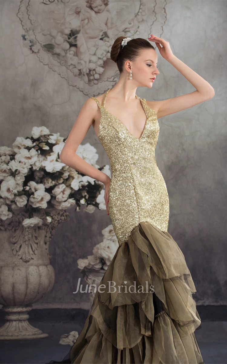 Plunged Tiered Trumpet Gown with Tiers and Sequined Bodice