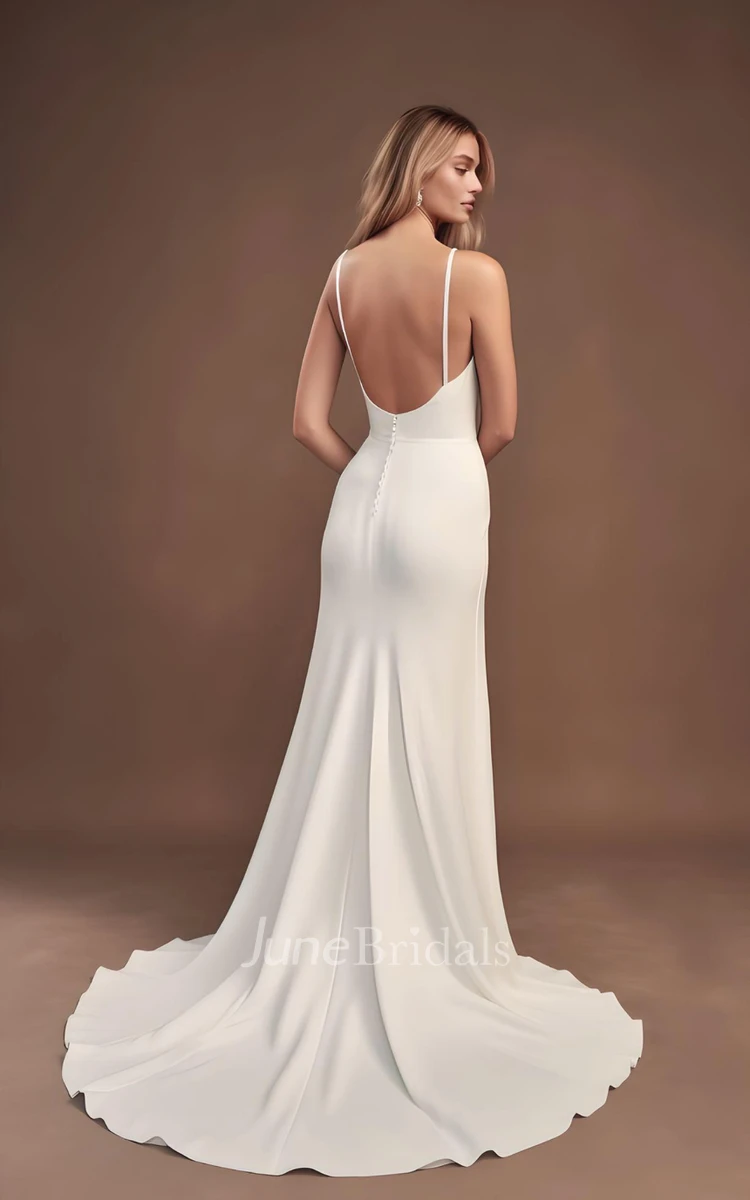 Mermaid Sleeveless Satin Wedding Dress with Split Front Spaghetti Ruching 2024 Country Sweep Train Simple Beach