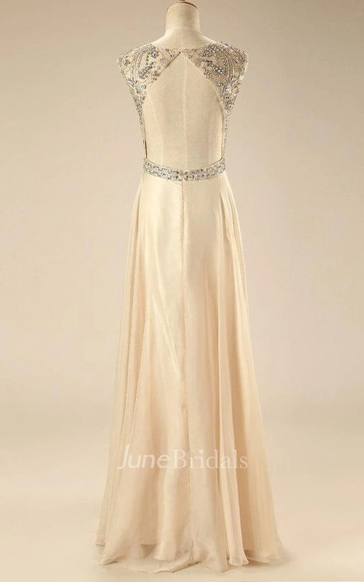 A-line Cap Sleeve Backless Chiffon Dress With Beading
