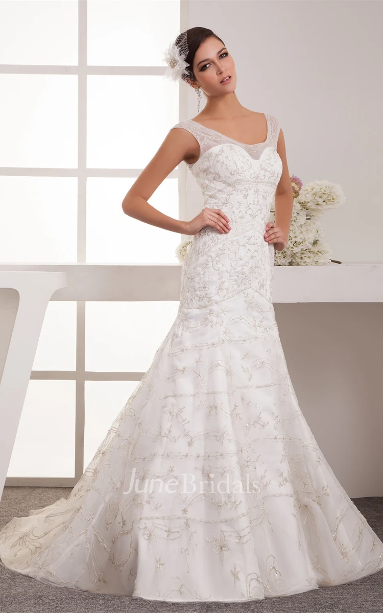 Sleeveless Embroidered A-Line Dress with Beading and Trumpet Silhouette