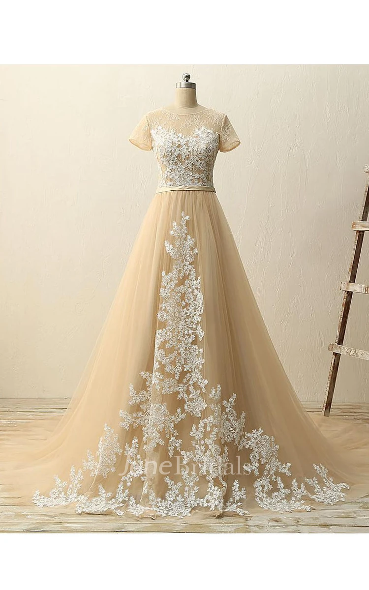 Short-sleeved A-line Ballgown with Appliques and Pleats