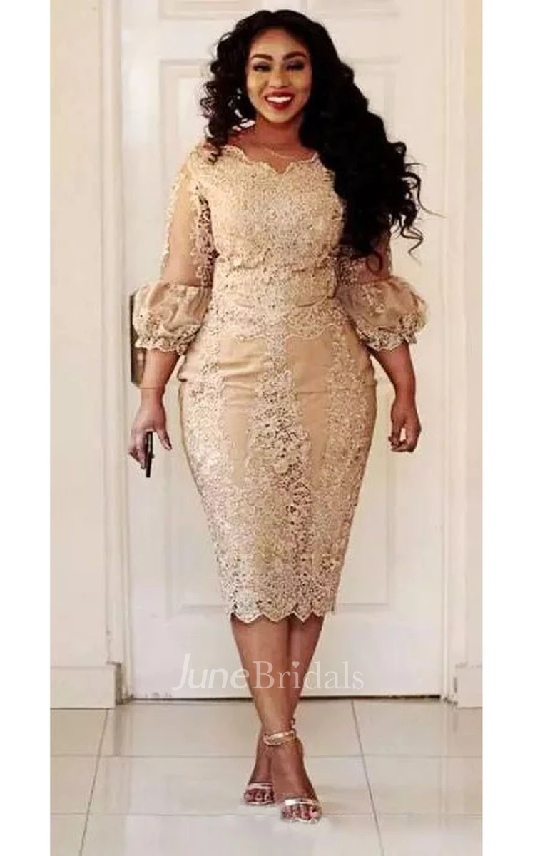 Scalloped Lace Vintage Bodycon Sexy Plus Size Knee-length 3-4 Length Sleeve  Puff Balloon Dress - June Bridals