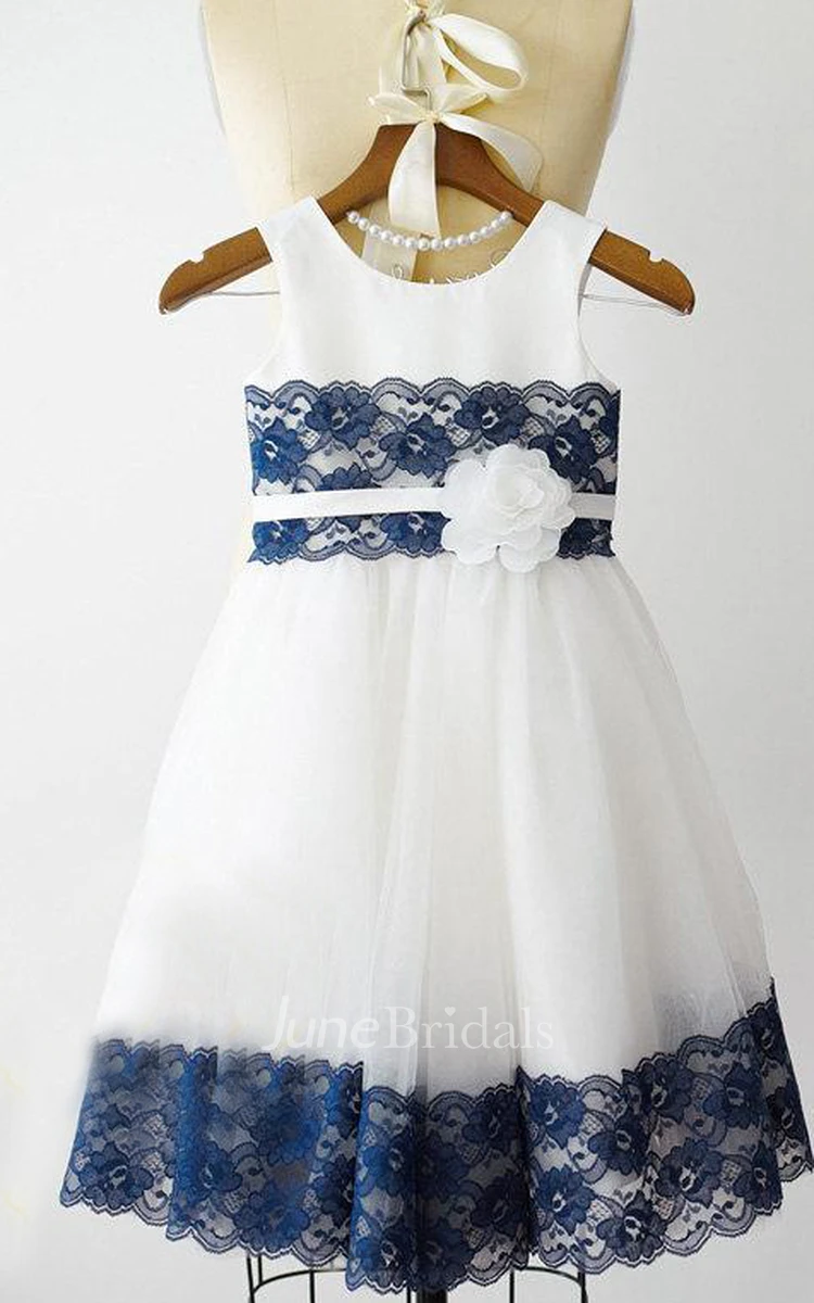 Navy Blue Lace Ivory Tulle Junior Bridesmaid Wedding Party Dress