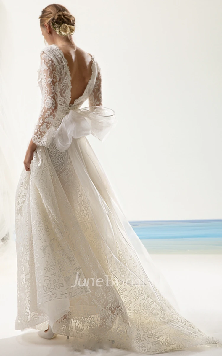 Vintage V-neck Long Sleeve Floor-length Lace A Line Wedding Dress with Bow