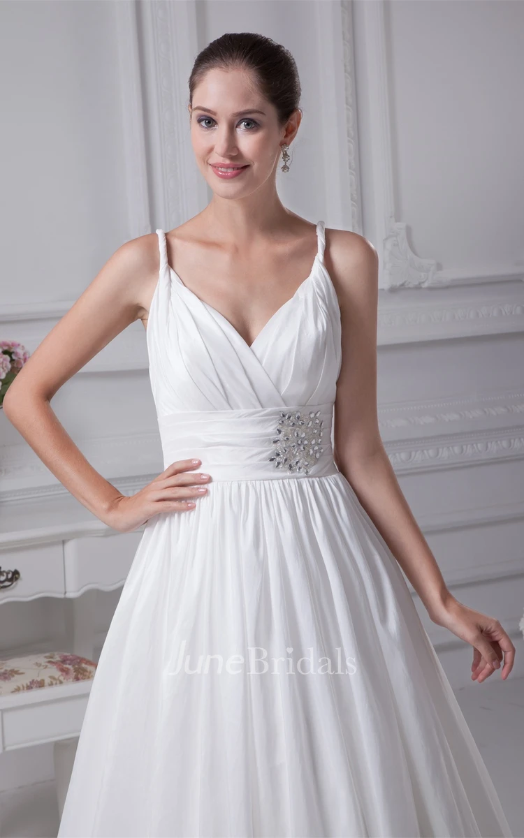 Spaghetti-Strap Plunged A-Line Gown with Broach and Pleats