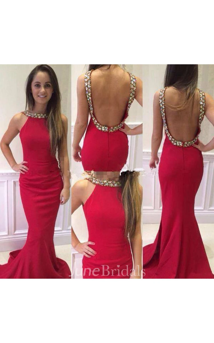 Sexy Sleeveless Mermaid Red Prom Dress Open Back Crystals